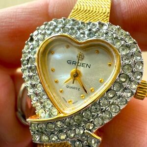 Vintage Ladies Heart And Diamonds Gruen Quartz Watch